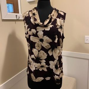 Tahari Floral  Dark Purple/Cream Floral Sleeveless Drape Front Blouse XLP